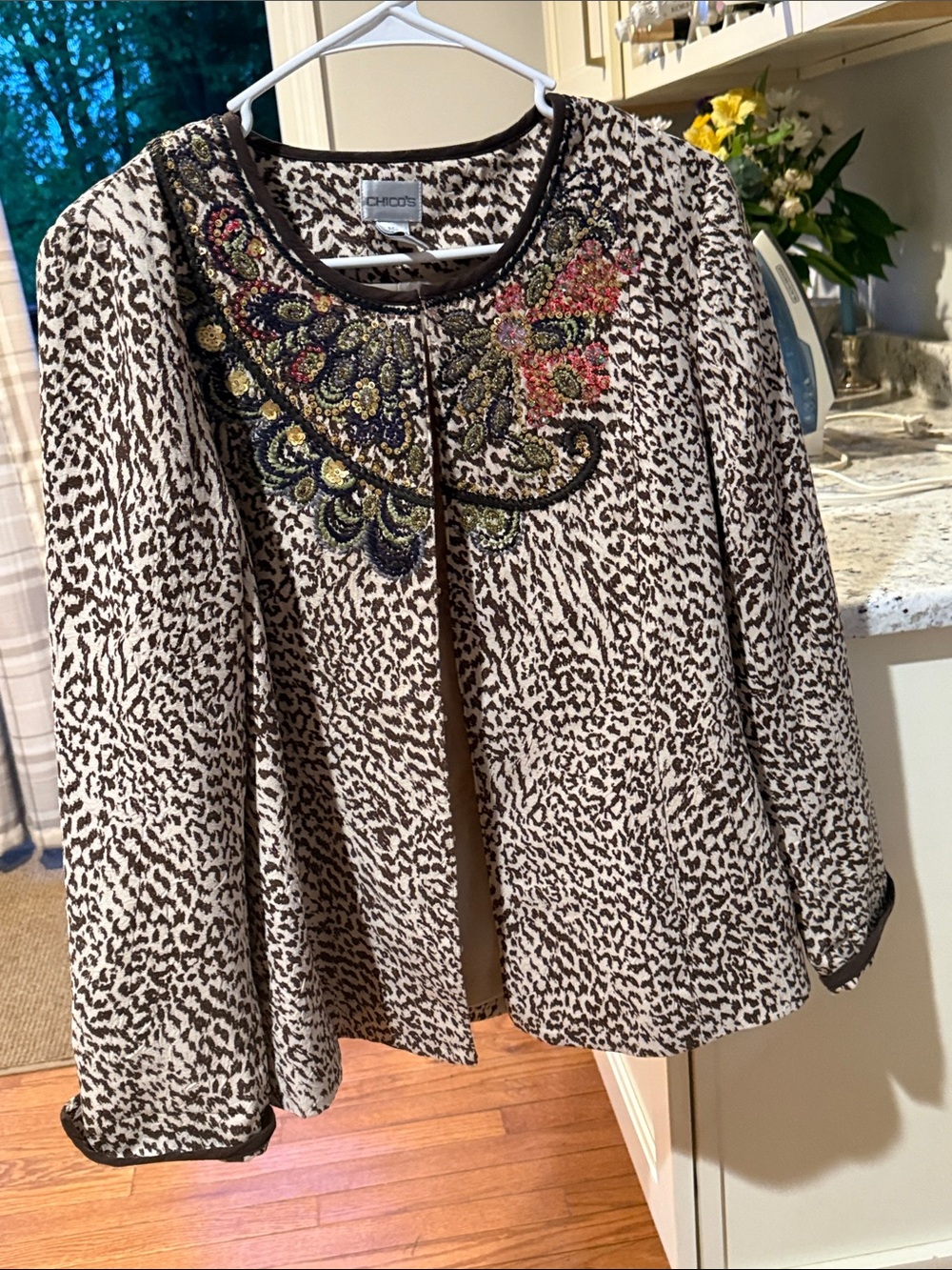 Chico's Black & Cream Embellished Animal-Print Open Cardigan